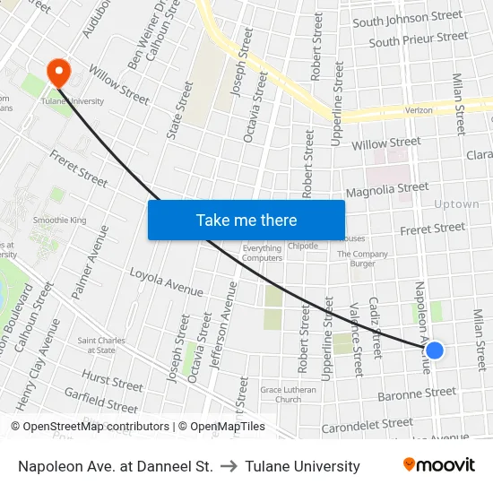 Napoleon Ave. at Danneel St. to Tulane University map