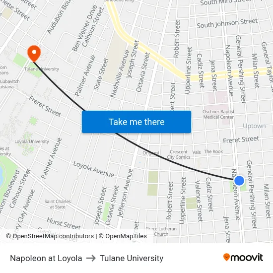 Napoleon at Loyola to Tulane University map
