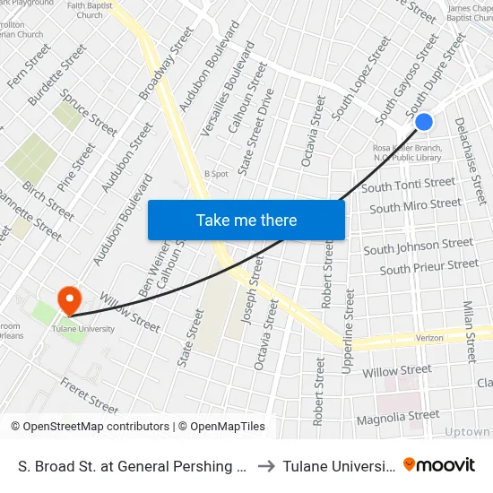 S. Broad St. at General Pershing St. to Tulane University map