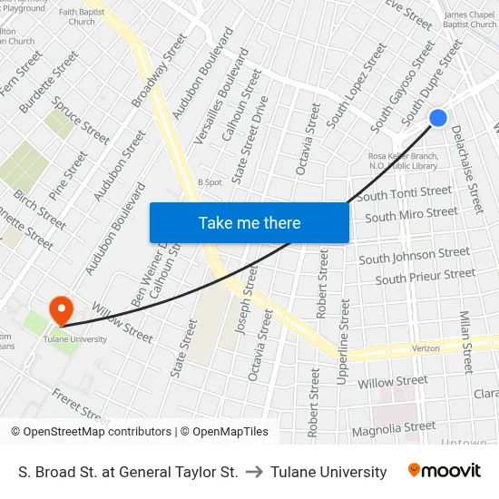 S. Broad St. at General Taylor St. to Tulane University map