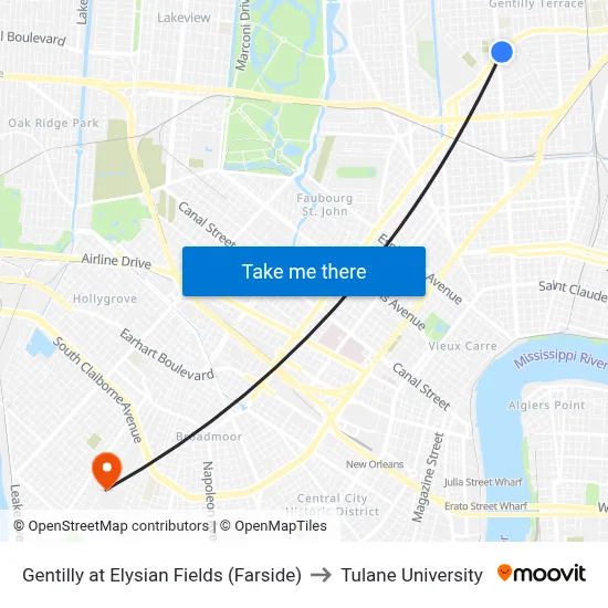 Gentilly at Elysian Fields (Farside) to Tulane University map