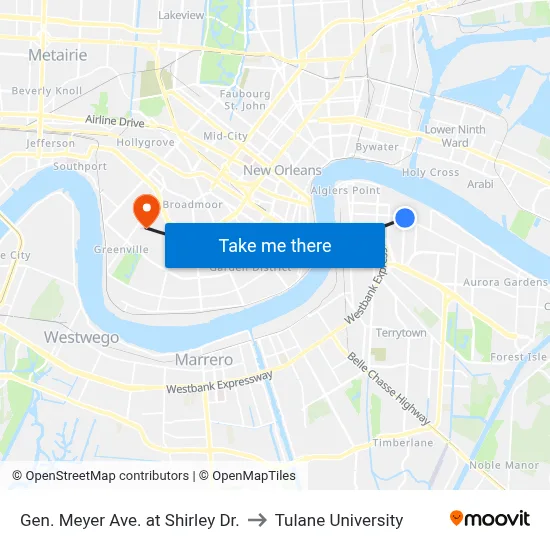 Gen. Meyer Ave. at Shirley Dr. to Tulane University map