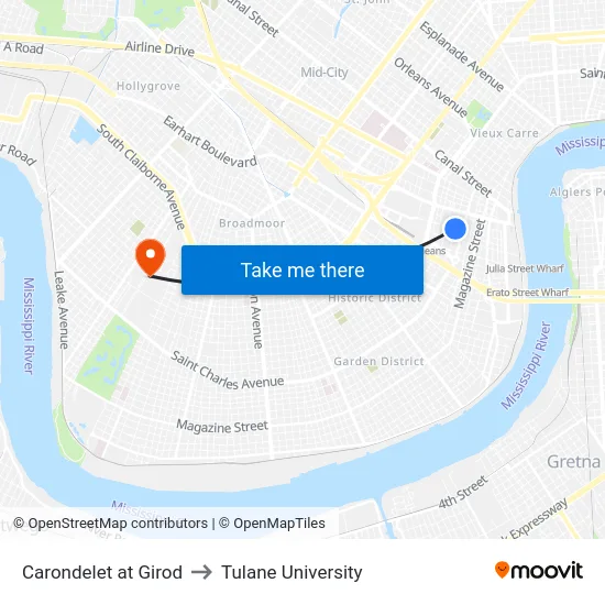 Carondelet at Girod to Tulane University map