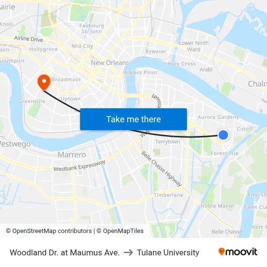 Woodland Dr. at Maumus Ave. to Tulane University map