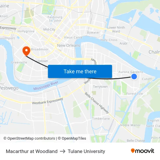 Macarthur at Woodland to Tulane University map
