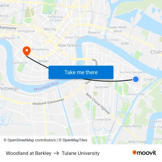 Woodland at Berkley to Tulane University map