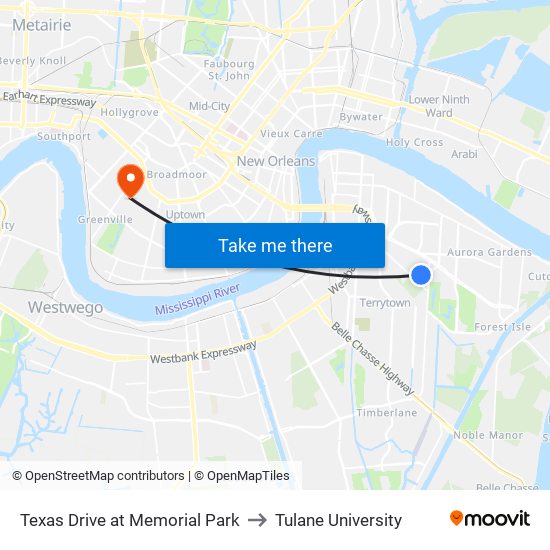 Texas Drive at Memorial Park to Tulane University map