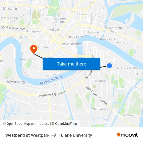 Westbend at Westpark to Tulane University map