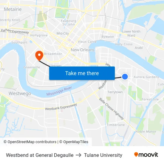 Westbend at General Degaulle to Tulane University map