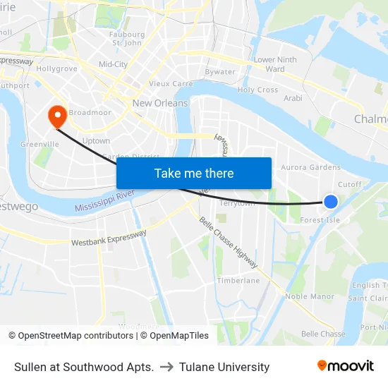 Sullen at Southwood Apts. to Tulane University map