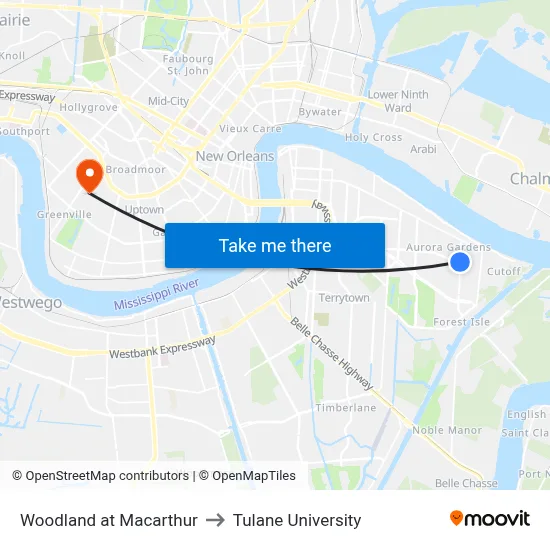Woodland at Macarthur to Tulane University map