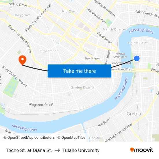 Teche St. at Diana St. to Tulane University map