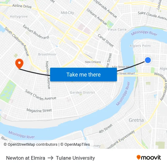 Newton at Elmira to Tulane University map