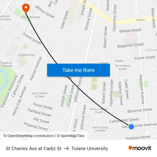 St Charles Ave at Cadiz St to Tulane University map