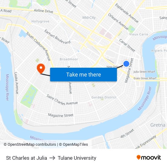 St Charles at Julia to Tulane University map