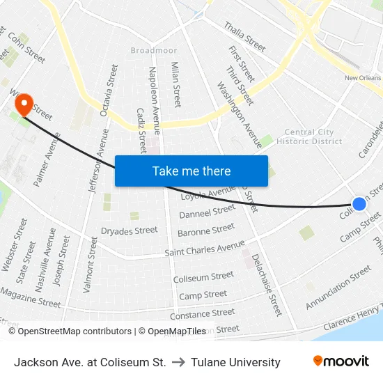 Jackson Ave. at Coliseum St. to Tulane University map