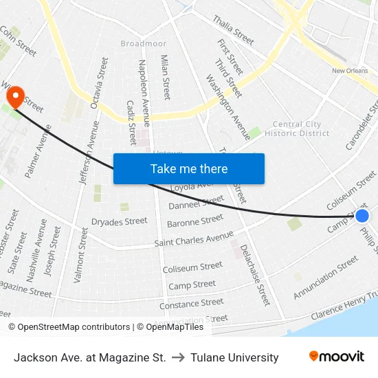 Jackson Ave. at Magazine St. to Tulane University map