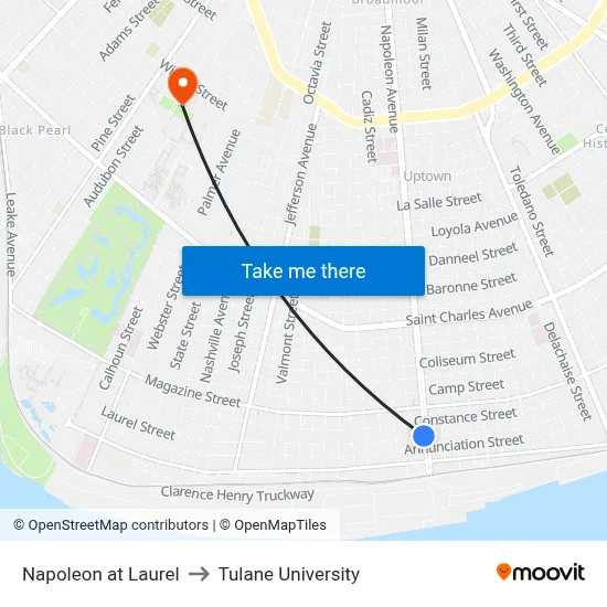 Napoleon at Laurel to Tulane University map