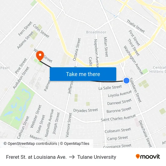 Freret St. at Louisiana Ave. to Tulane University map