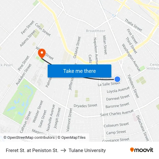Freret St. at Peniston St. to Tulane University map