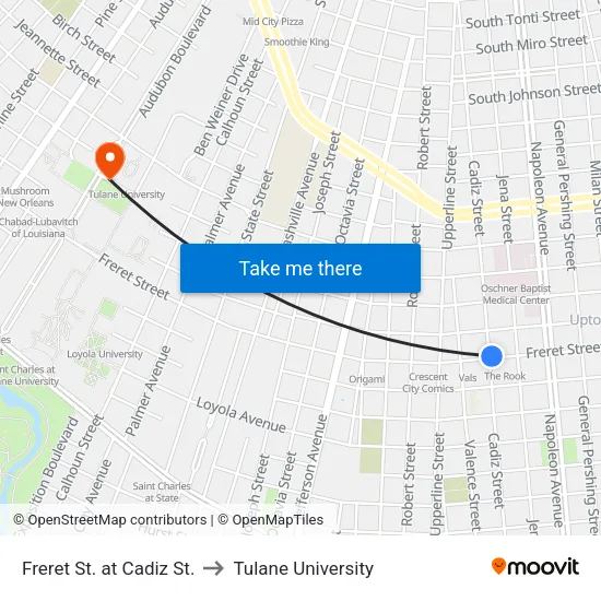 Freret St. at Cadiz St. to Tulane University map