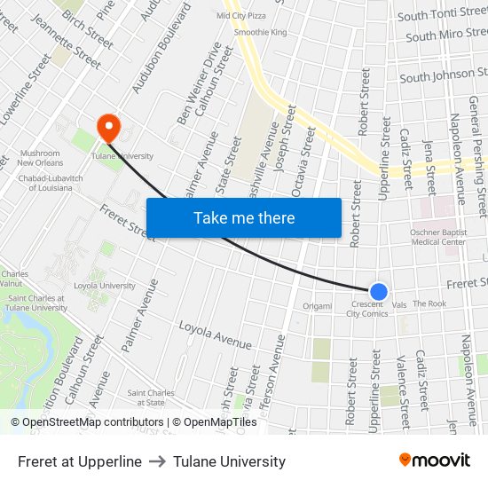 Freret at Upperline to Tulane University map