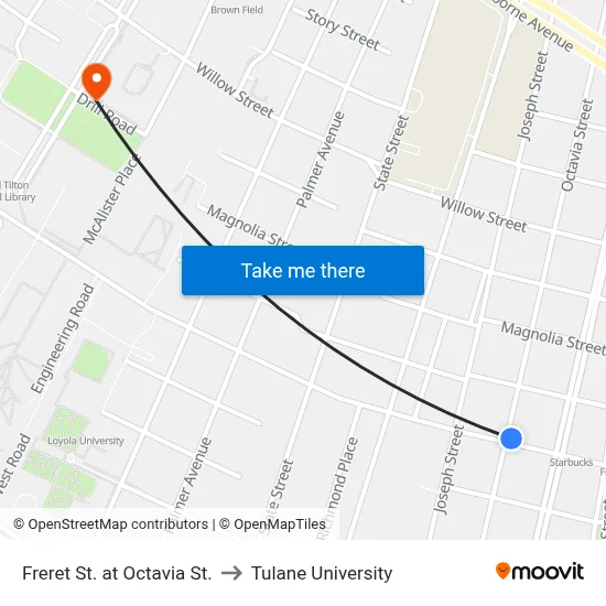 Freret St. at Octavia St. to Tulane University map