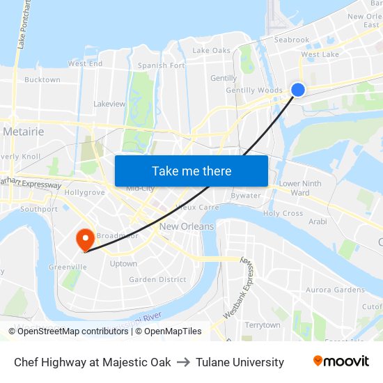 Chef Highway at Majestic Oak to Tulane University map