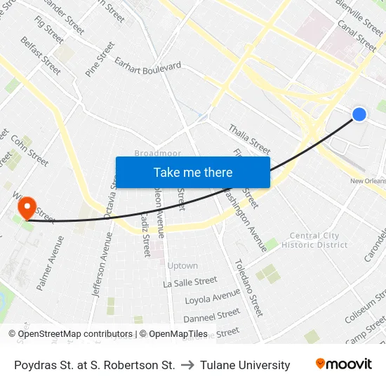 Poydras St. at S. Robertson St. to Tulane University map