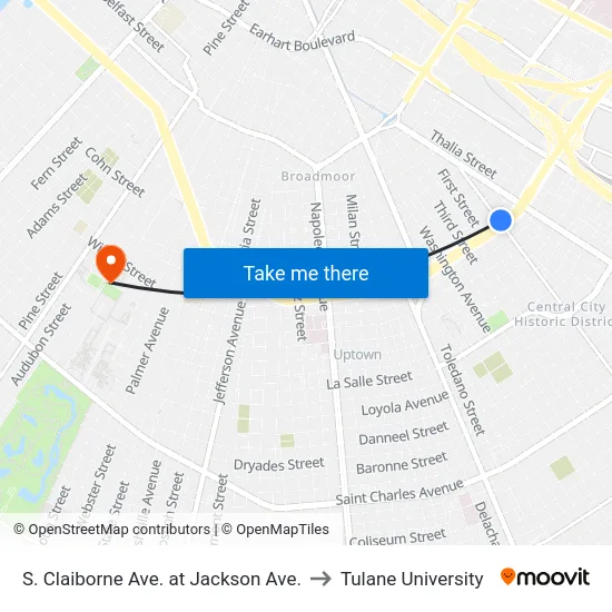 S. Claiborne Ave. at Jackson Ave. to Tulane University map