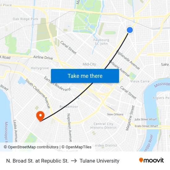 N. Broad St. at Republic St. to Tulane University map