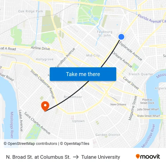 N. Broad St. at Columbus St. to Tulane University map