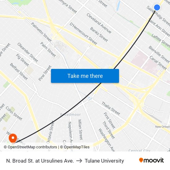 N. Broad St. at Ursulines Ave. to Tulane University map