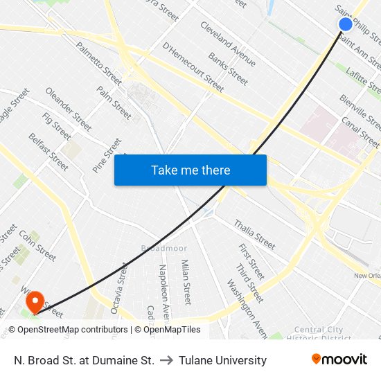 N. Broad St. at Dumaine St. to Tulane University map