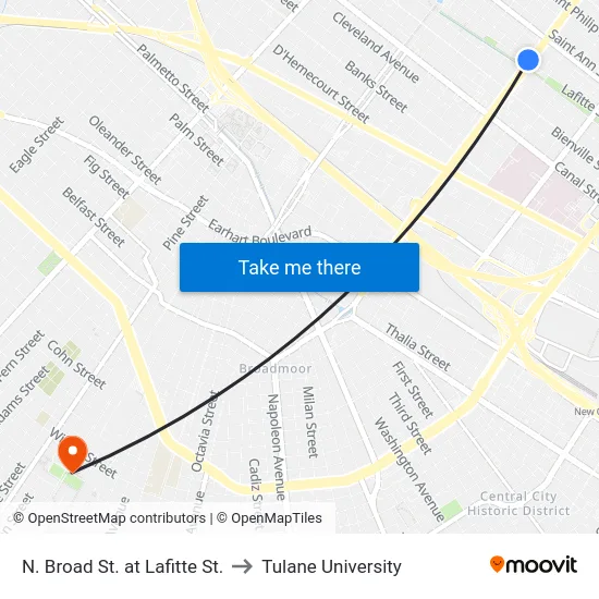 N. Broad St. at Lafitte St. to Tulane University map