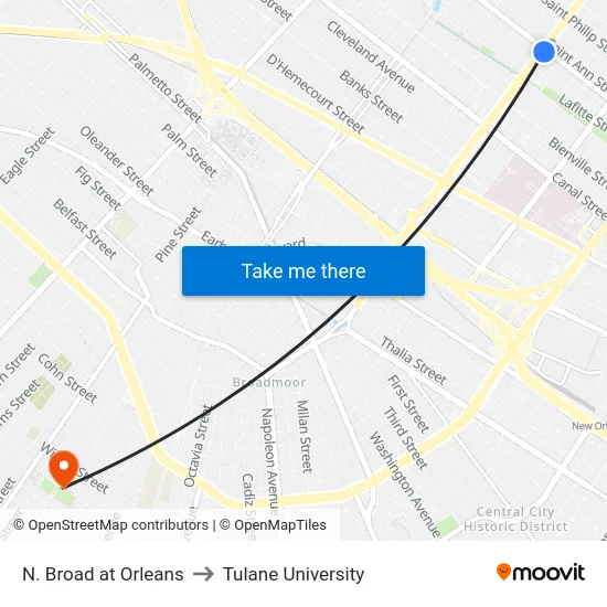 N. Broad at Orleans to Tulane University map