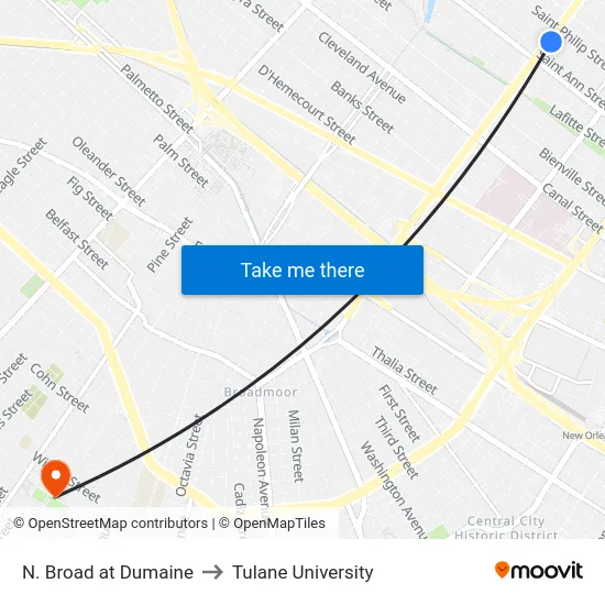 N. Broad at Dumaine to Tulane University map