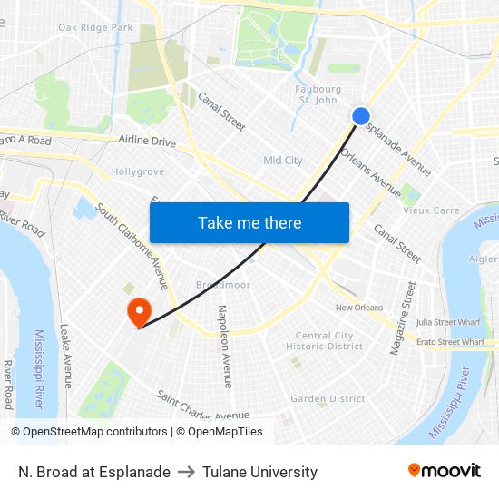 N. Broad at Esplanade to Tulane University map