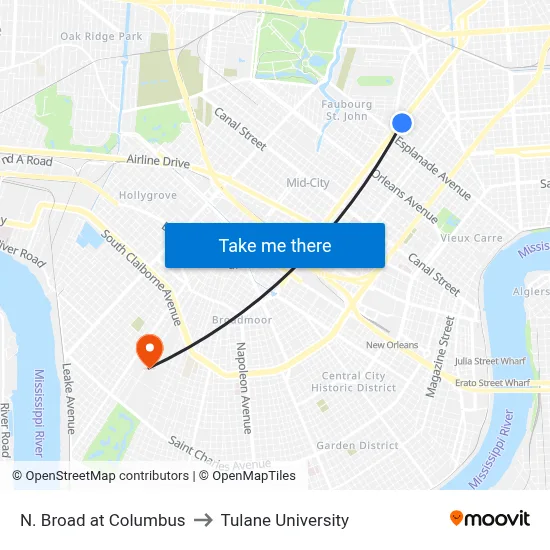 N. Broad at Columbus to Tulane University map