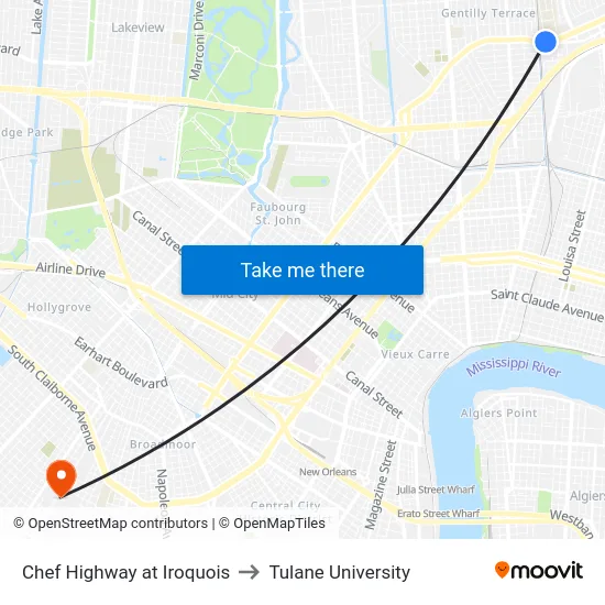Chef Highway at Iroquois to Tulane University map