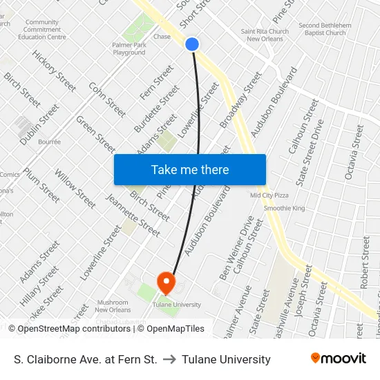 S. Claiborne Ave. at Fern St. to Tulane University map