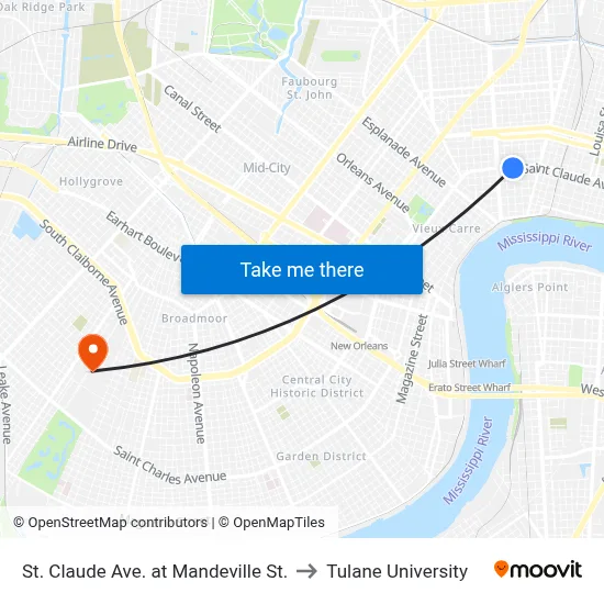 St. Claude Ave. at Mandeville St. to Tulane University map