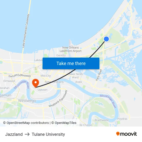 Jazzland to Tulane University map