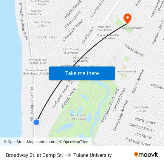 Broadway St. at Camp St. to Tulane University map