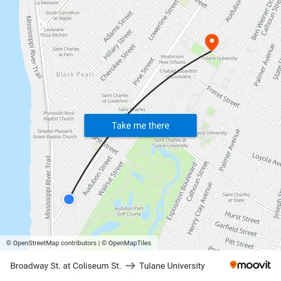 Broadway St. at Coliseum St. to Tulane University map