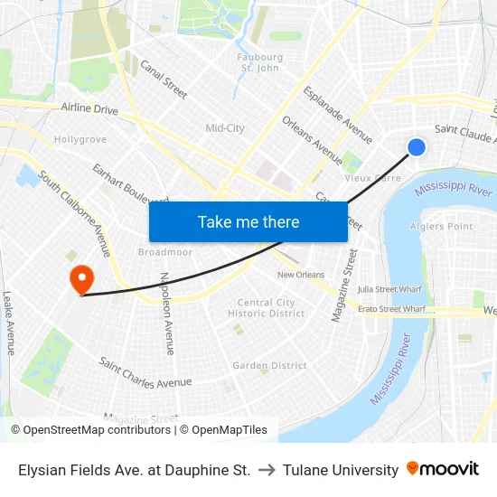 Elysian Fields Ave. at Dauphine St. to Tulane University map