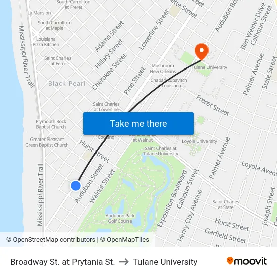 Broadway St. at Prytania St. to Tulane University map