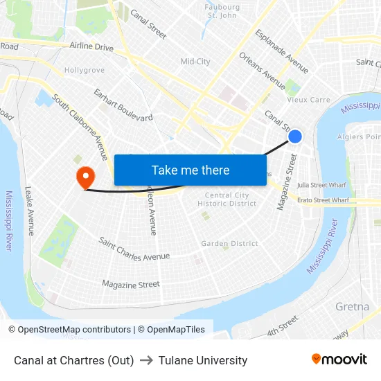 Canal at Chartres (Out) to Tulane University map