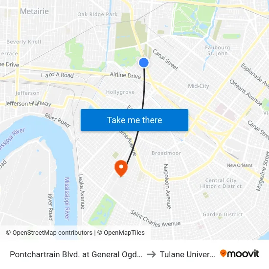 Pontchartrain Blvd. at General Ogden St. to Tulane University map