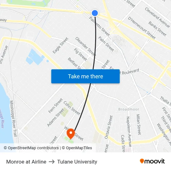Monroe at Airline to Tulane University map